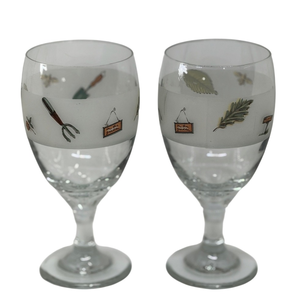Pfaltzgraff Naturewood Stemmed Wine Glasses Clear Frosted Garden Tool Leaf Set 2